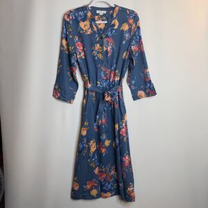 Coldwater Creek Country Blue Floral Midi Dress Full Front Button Belted Size M